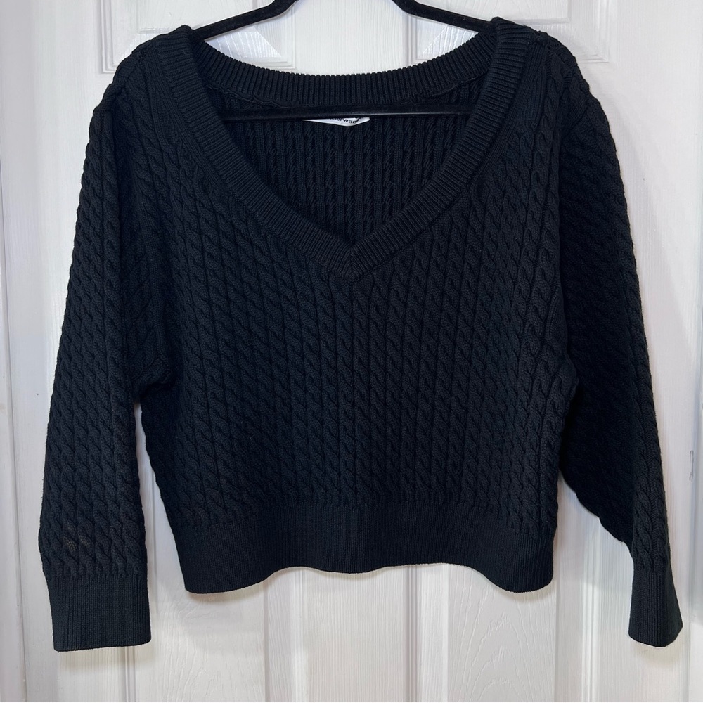 Alexander Wang T. Black V-Neck‎ Cable Knit Sweater Black Size Medium